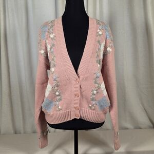 Vintage Ninon de Lenclos Pink Embroidered Argyle Cardigan